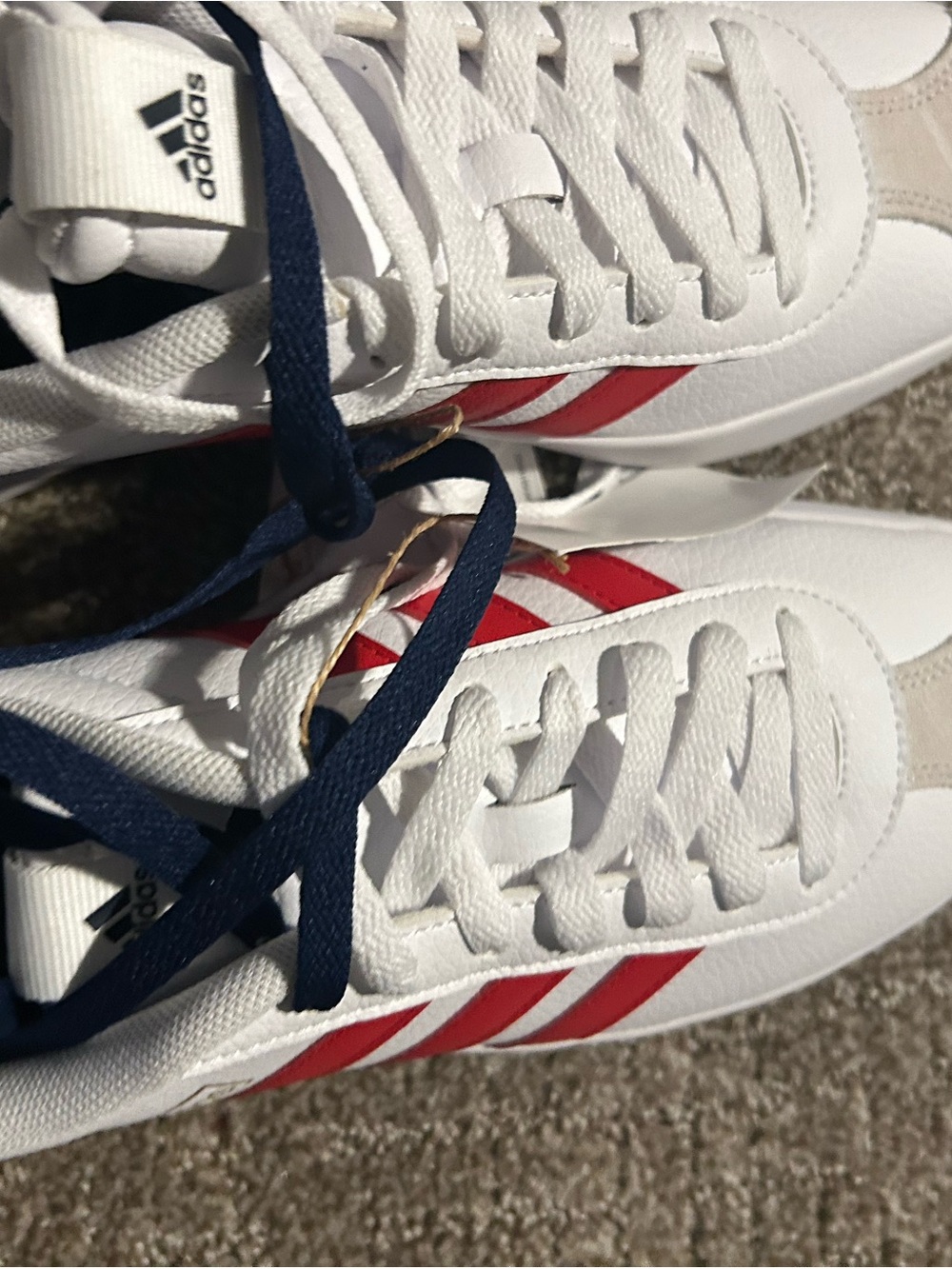 adidas Kids White Sneakers with Red Stripes and Navy Laces